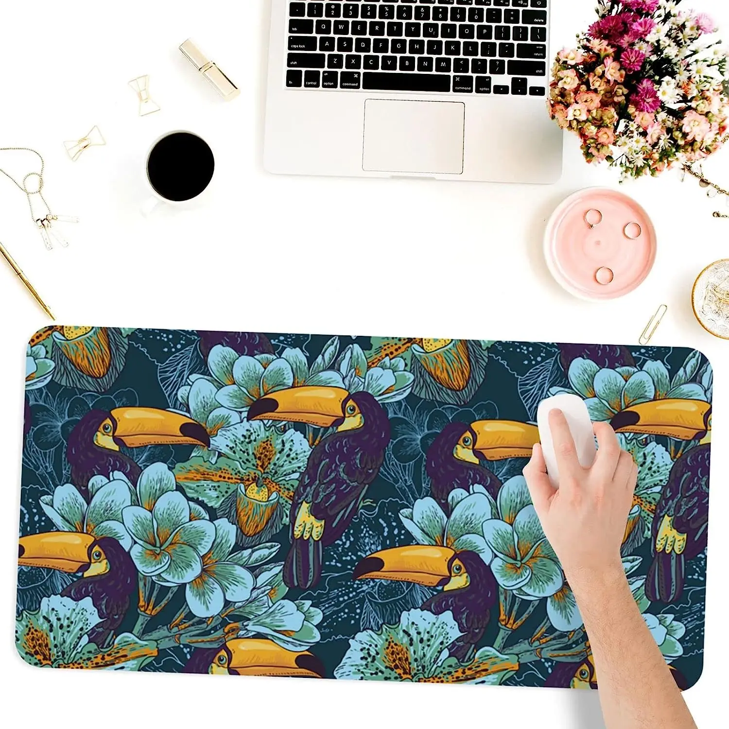 Mouse Pad Large Keyboard Pad Cute Toco Toucan Flower Table Mat Gaming Mouse Pad Non-slip Washable Mouse Pad For Desk Decoration