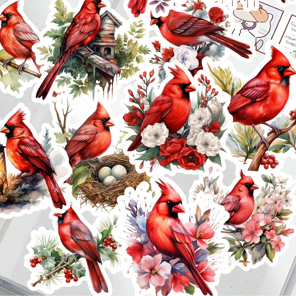 20/40pcs homemade Watercolor painting of a cardinal, a Christmas bird planner book stickers, handwriting book, DIY photo albums