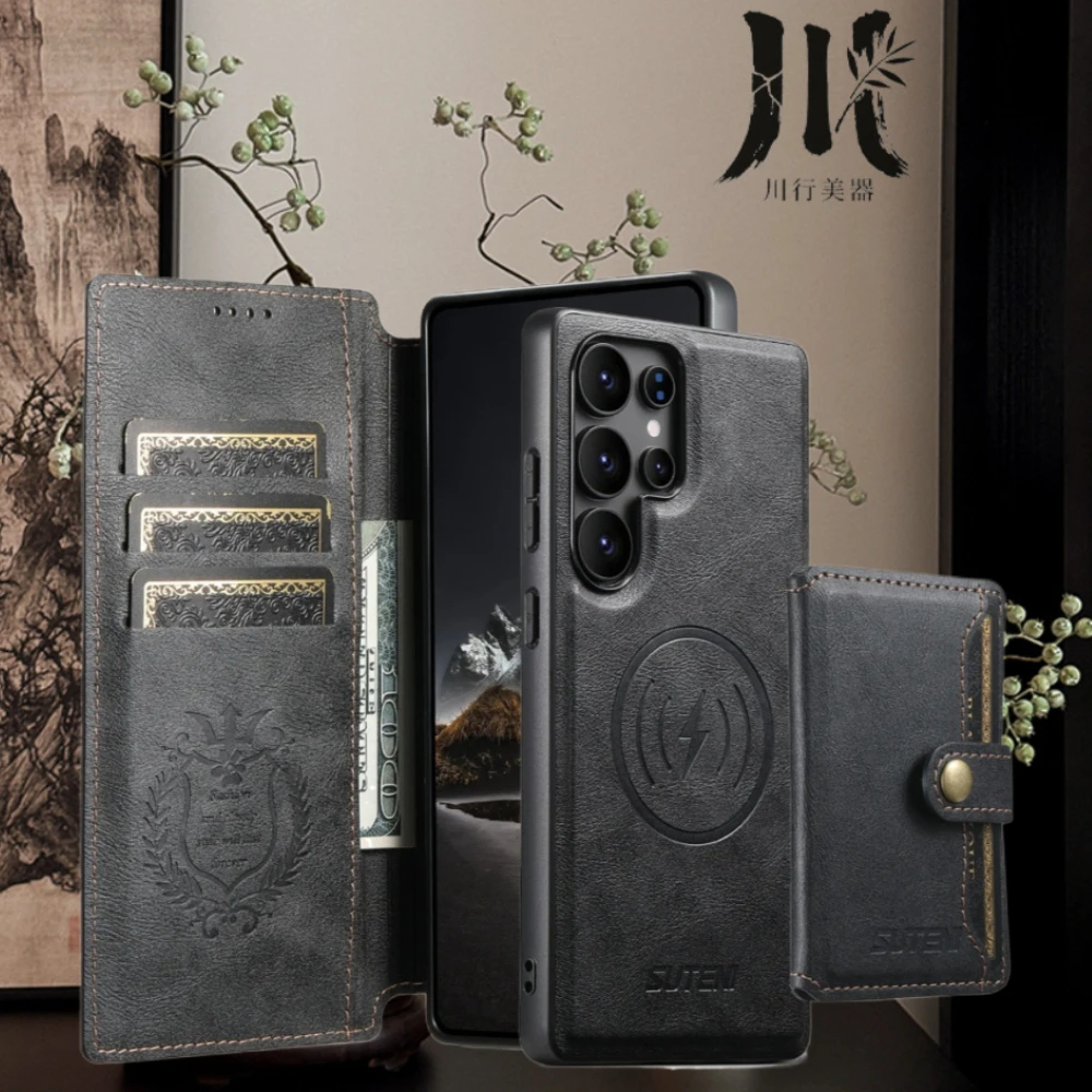 

Магнитный однотонный кожаный чехол для телефона Samsung Galaxy S25 Ultra S22 S23 S24Ultra со съемной пряжкой и слотом для карт, чехол-кошелек