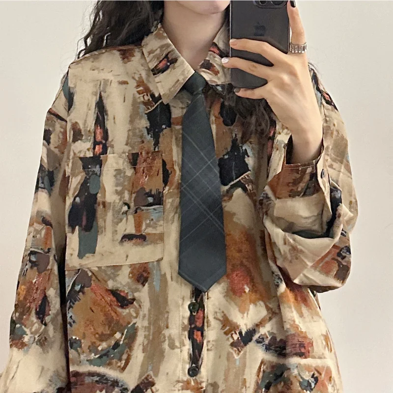 

Spring and Autumn Loose Oil Painting Printed Long-Sleeved Shirts Women American Retro Thin Coat Casual Shirt Girl