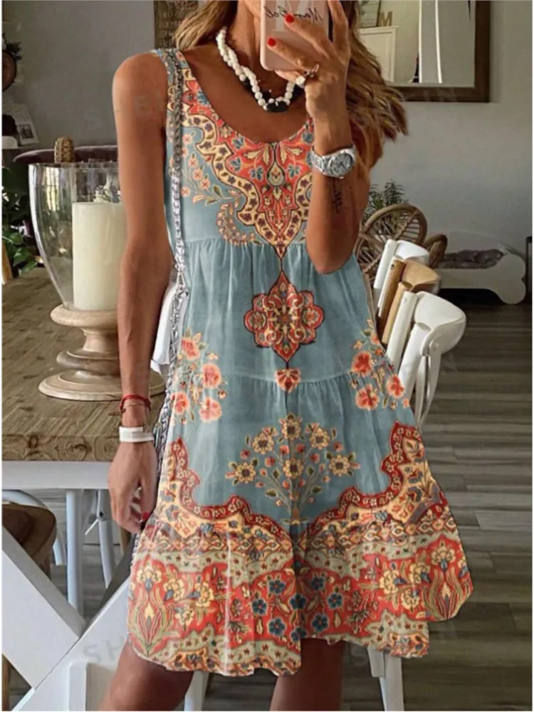 

Women Print Midi Dresses Summer Bohemian Sleeveless V-neck Vest Elegant High Waist A-line Loose Fit Stylish Beach Resort Dress