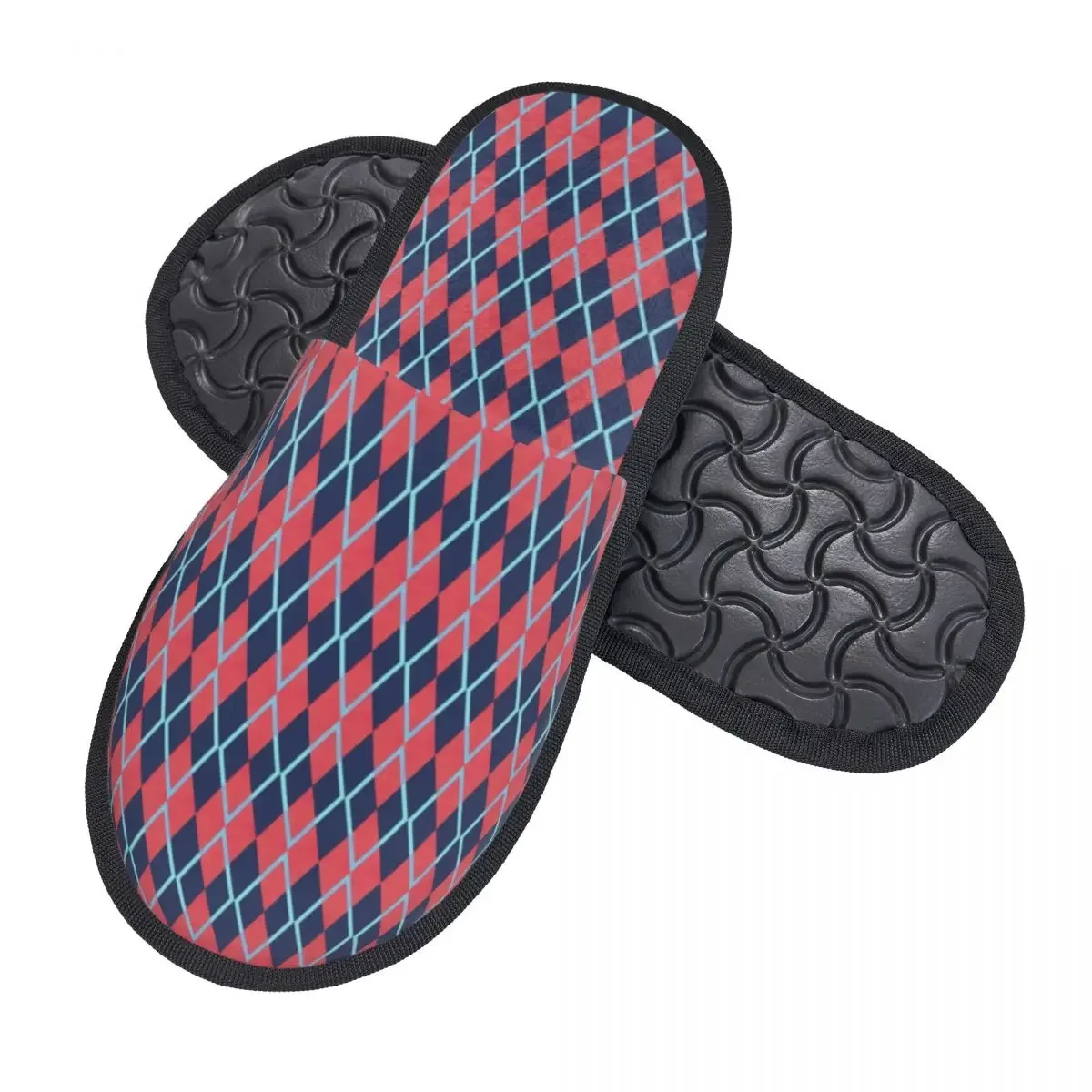 Custom Red And Blue Argyle Diamonds Pattern Soft Memory Foam House Slippers Women Cozy Warm Anti-skid Sole Slipper