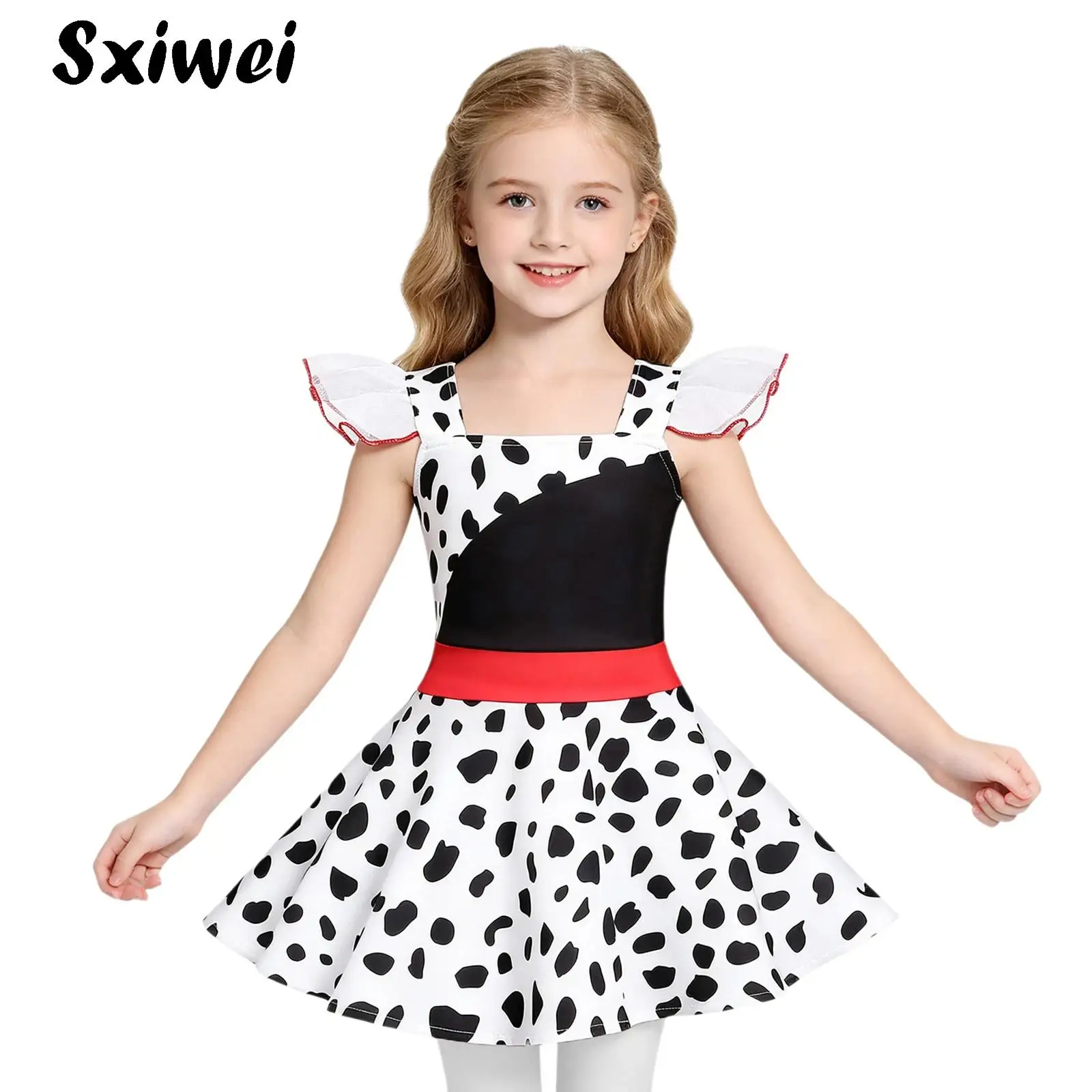 Toddler Girls Dalmatian Costume Black Spotted Print Ruffle Puffy Ballet Tutu Dress Halloween Movie Character Princess Dress Up