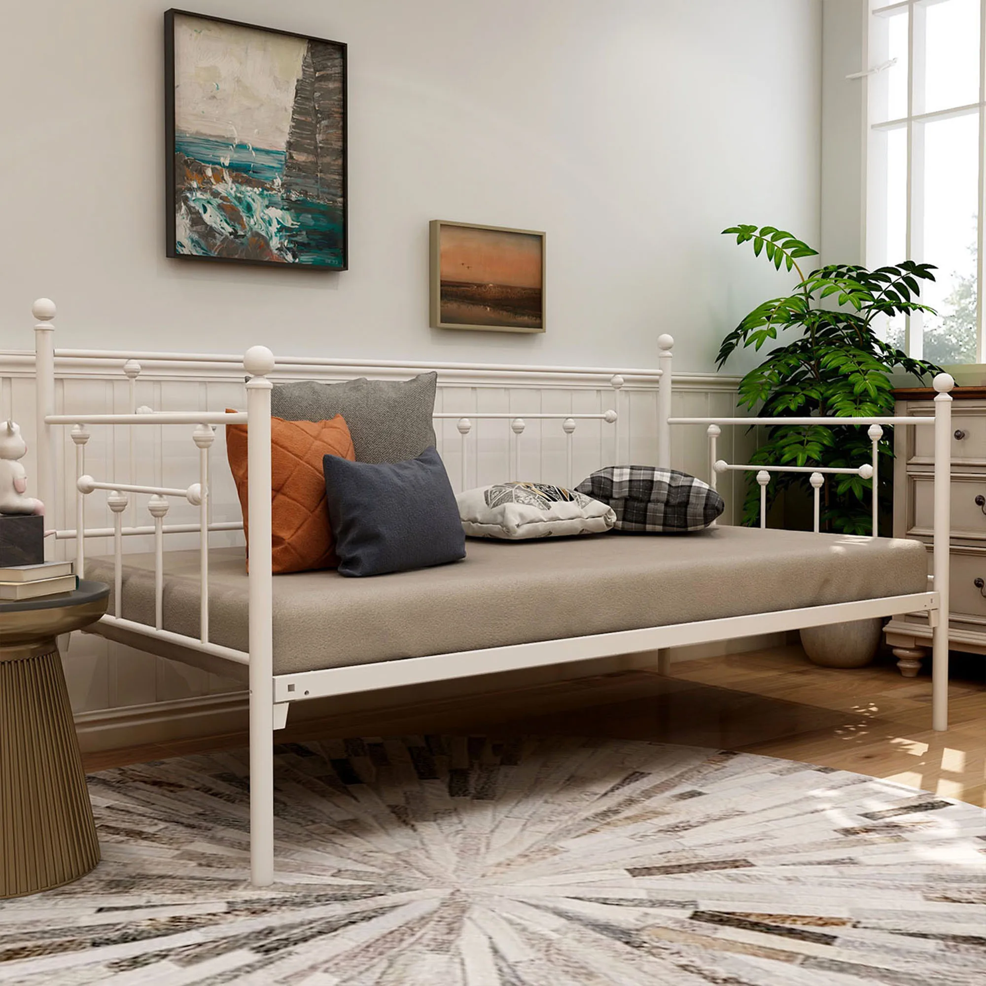 Daybed Frame White Twin Size with Headboard Metal Steel Support Platform Mattress Foundation Bed Sofa No Box Spring