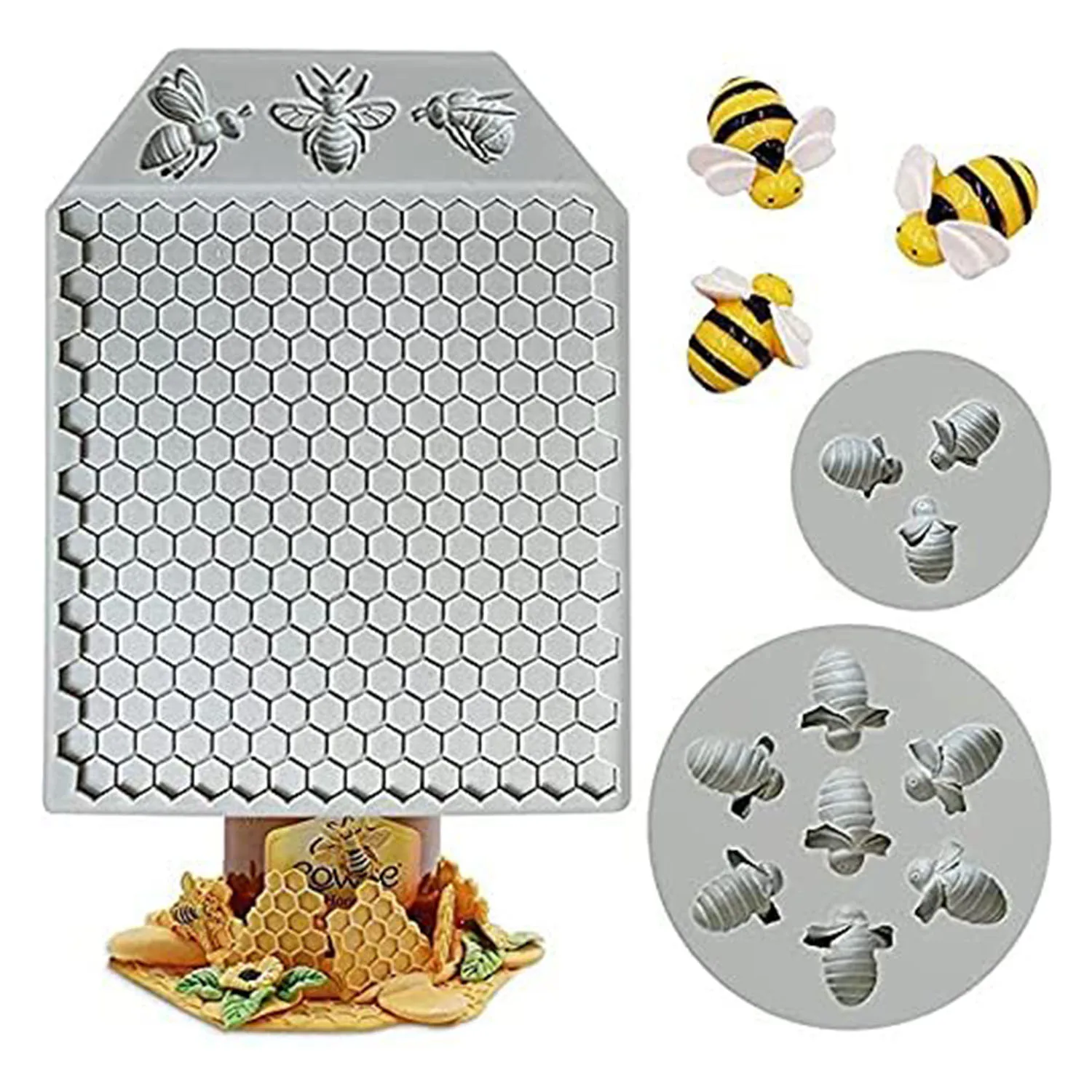 3Pcs Bumble Bee Honeycomb Silicone Molds for DIY Cake Fondant Biscuit Cookies Sugar Pudding Chocolate Hard Candies Dessert Decor