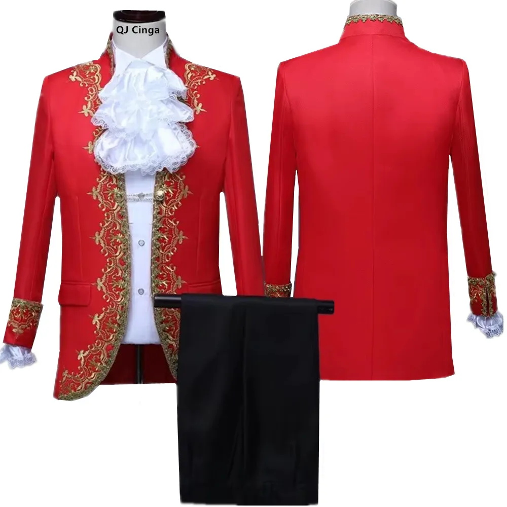 

Red European Court Style Two-piece Suit with Gold Embroidery & White Ruffled Collar for Stage Performance, Black and white Sets.