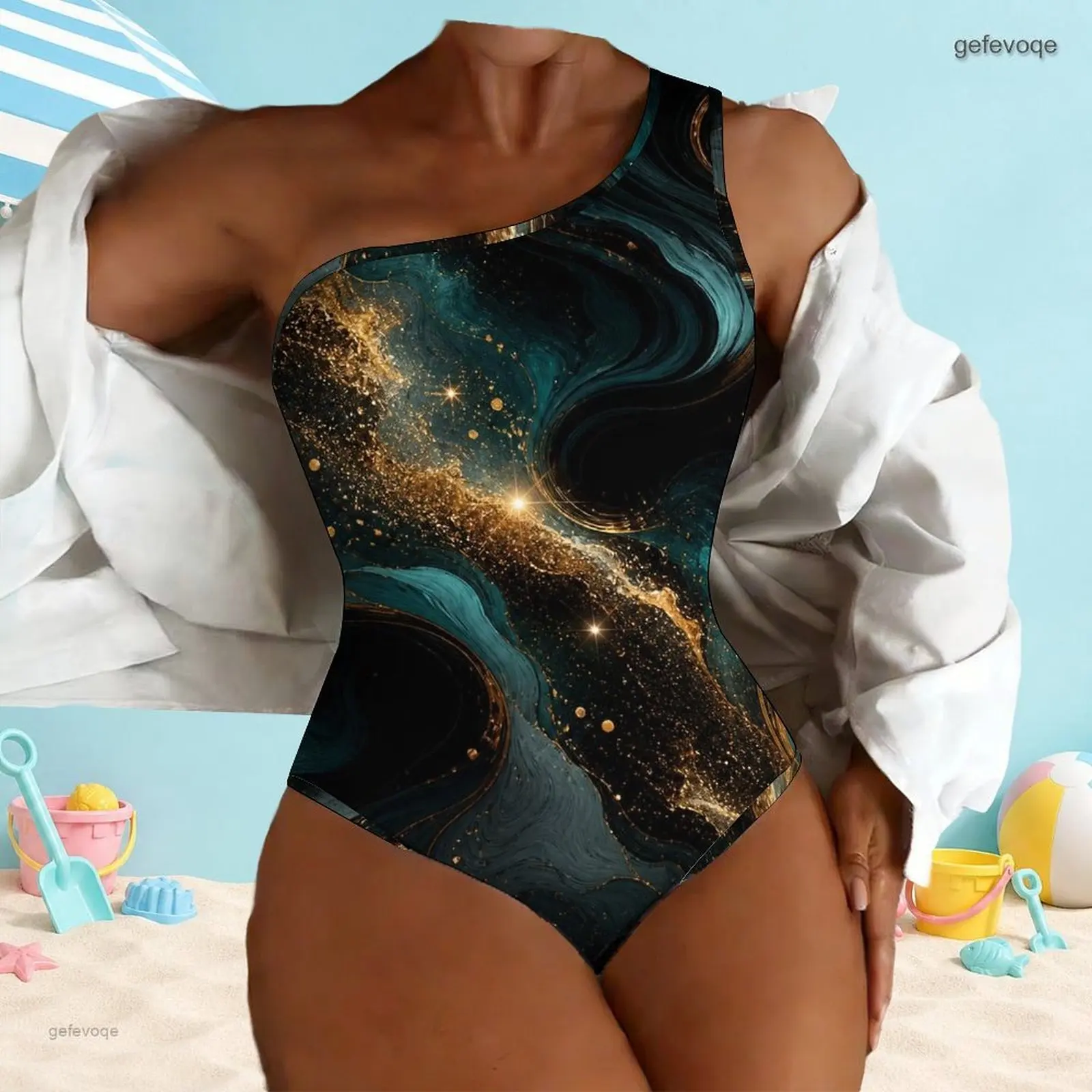 Women One Shoulder One Piece Asymmetric Neck Printed Swimsuit