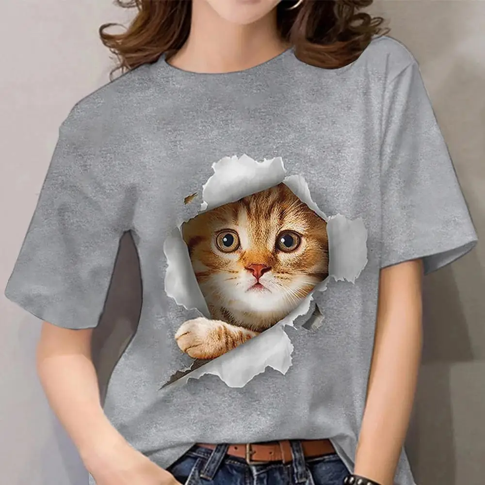 T-shirt graphique chat imprimé 3D pour femmes et filles, manches courtes, t-shirts en Y, vêtements Y2K, mode de rue décontractée, été