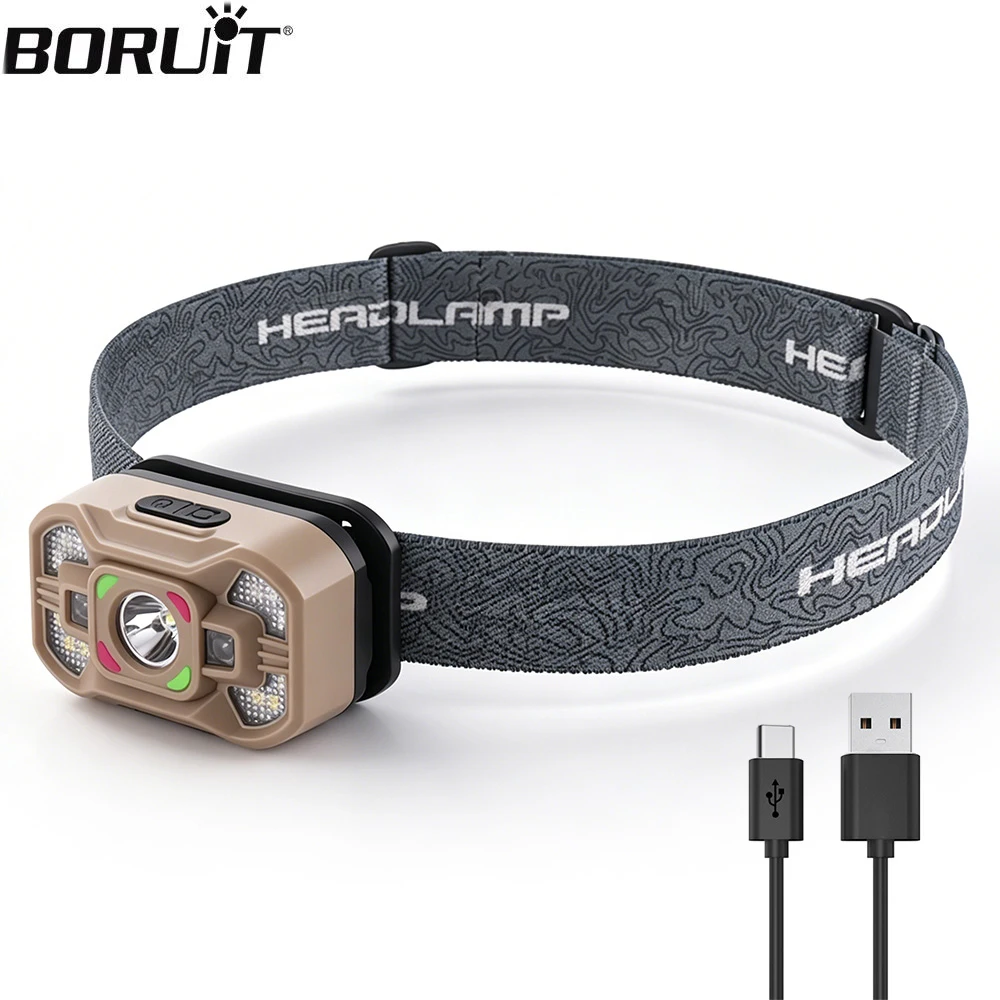 BORUiT Motion Sensor Headlamp Lightweight USB-C Rechargeable LED Headlight 5 Modes Built-in Battery  Camping Fishing Head Torch