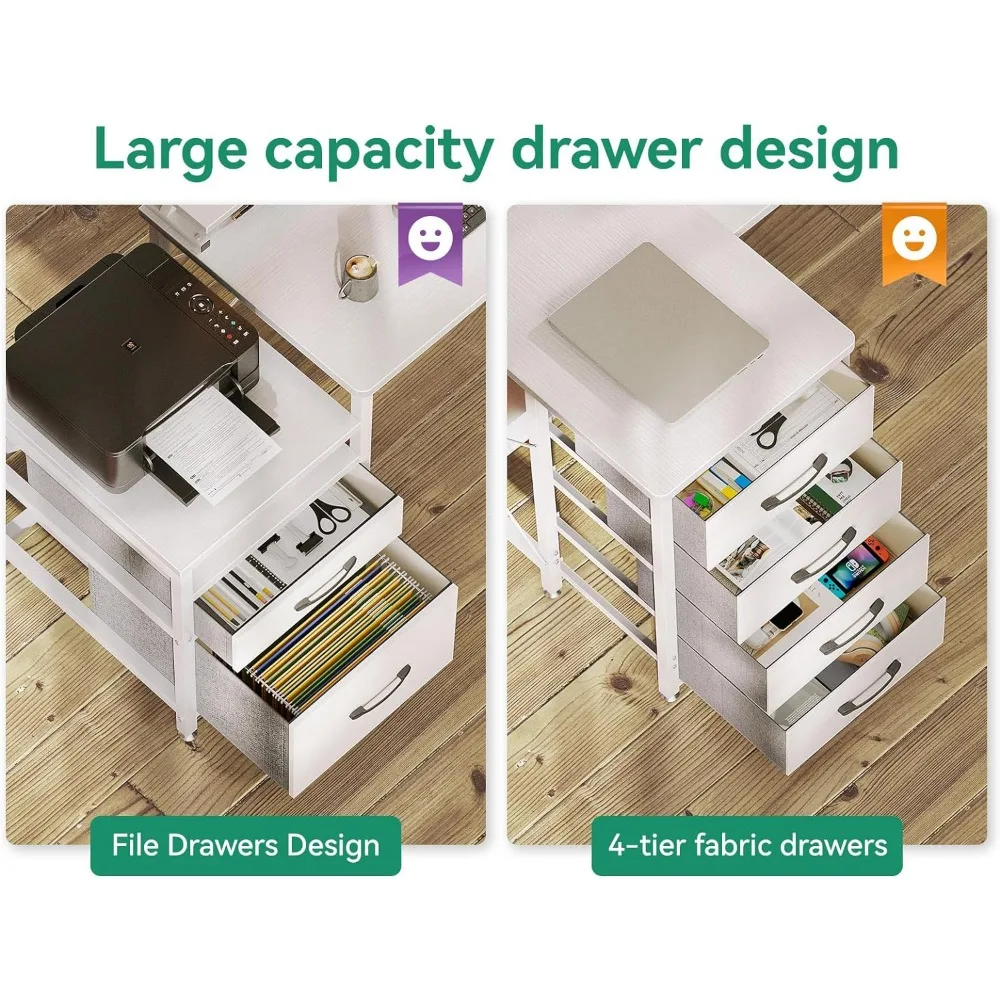 Mesa em forma de L com 6 gavetas e tomada, 72 Polegada mesa do computador, mesa de canto com gaveta, Prateleiras de armazenamento impressora