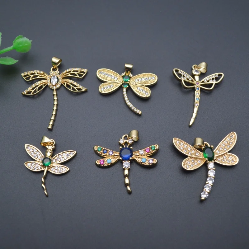 10pcs Wholesale Color Remain 18k Gold Plated Colorful CZ Pave Cute Dragonfly Metal Charms Pendants for Necklace Jewelry Making