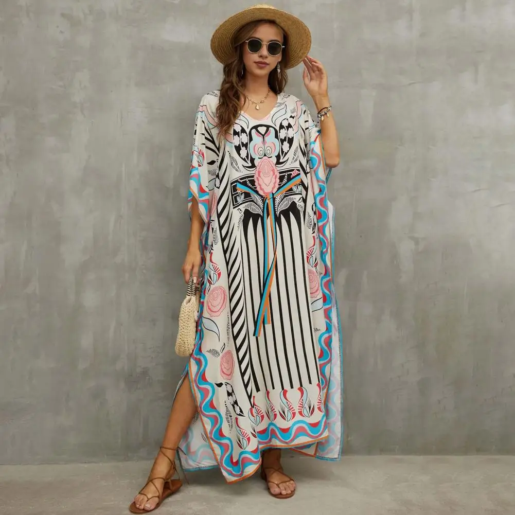 Rayon Strand Cover Up Levendige Kleuren Print Strand Cover Up Jurk V-Hals Korte Mouw Losse Pasvorm Met Zijsplit Badpak Voor Vakantie