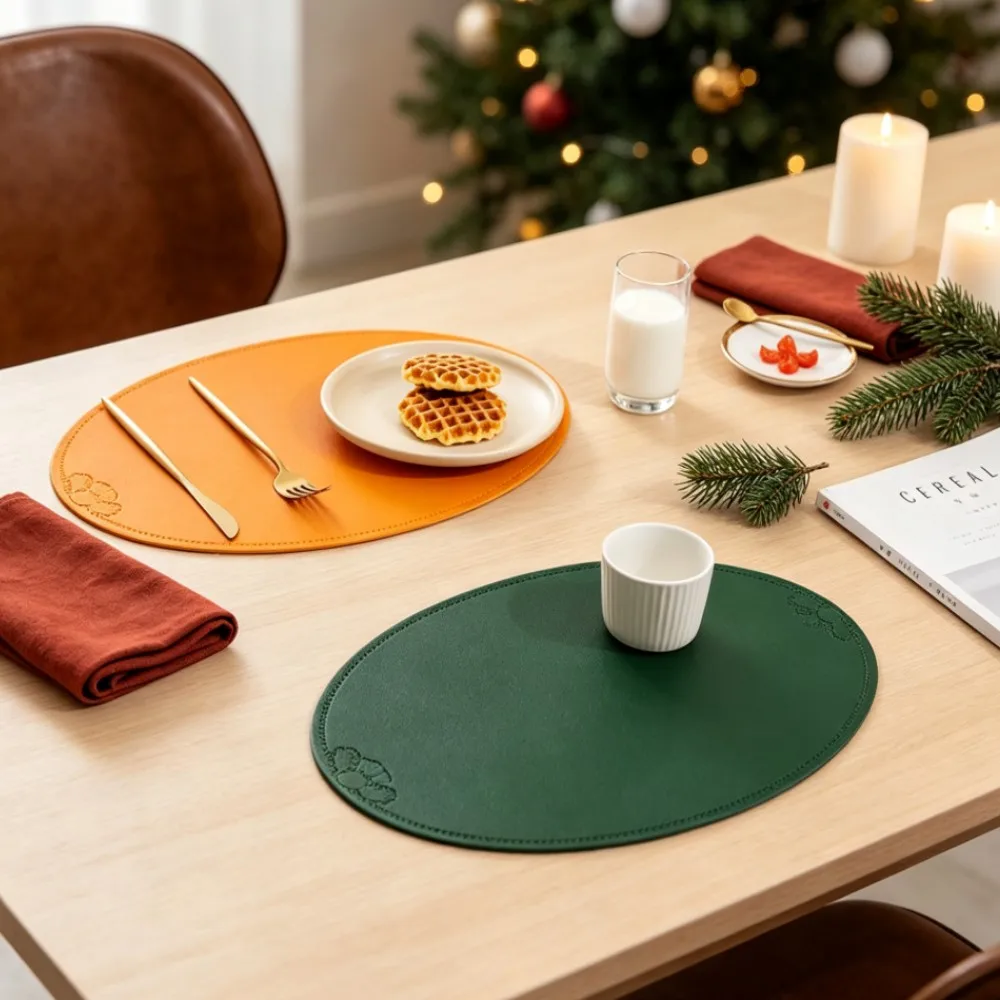 1/6/10PCS Oval Shaped PU Placemats Green Orange Faux Leather Dining Table Mat Luxury Christmas Place Mat Tableware for Kitchen