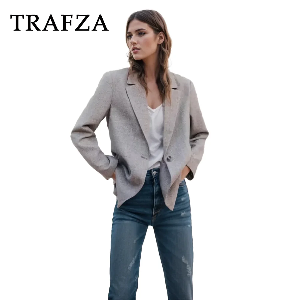 TRAFZA 2024 Spring Summer Office Lady Blazers Fashion Casual Elegant Solid Single Button Shrug Chic Women Blazers Vintage Jacket