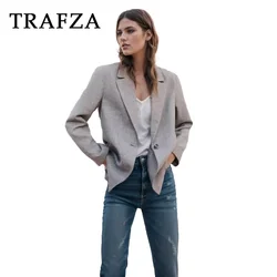 TRAFZA 2024 Spring Summer Office Lady Blazers Fashion Casual Elegant Solid Single Button Shrug Chic Women Blazers Vintage Jacket