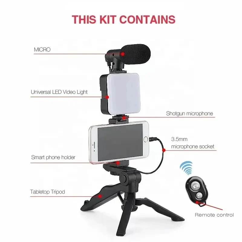 Roreta Smartphone Vlogging Kit Tripod Phone Holder Mini Microphone LED Fill Light Starter For TikTok Live Stream Video YouTube