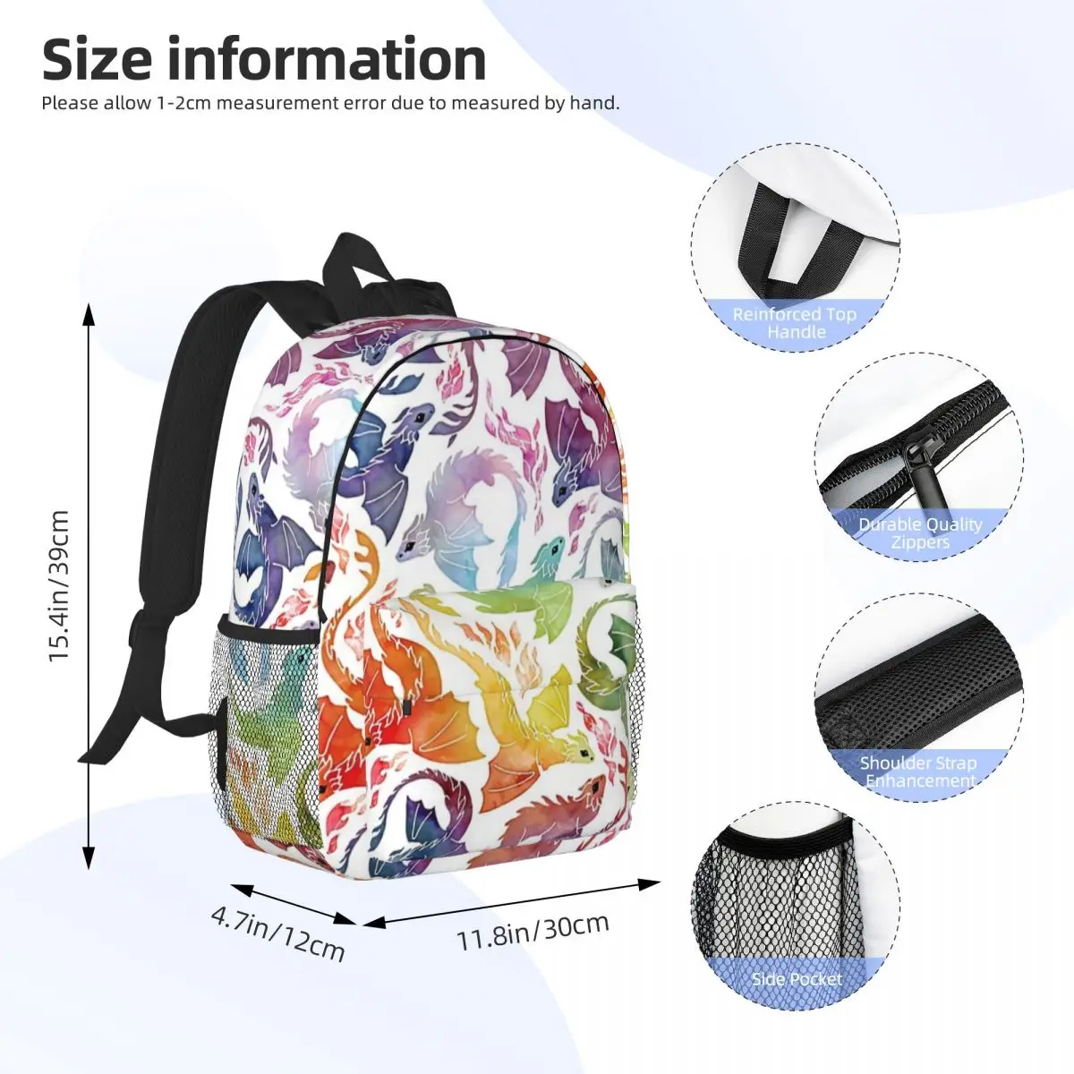 Dragon Fire Regenboog Gedrukt Lichtgewicht Casual Schooltas Voor School, Outdoor, Winkelen, Kantoor 15Inch