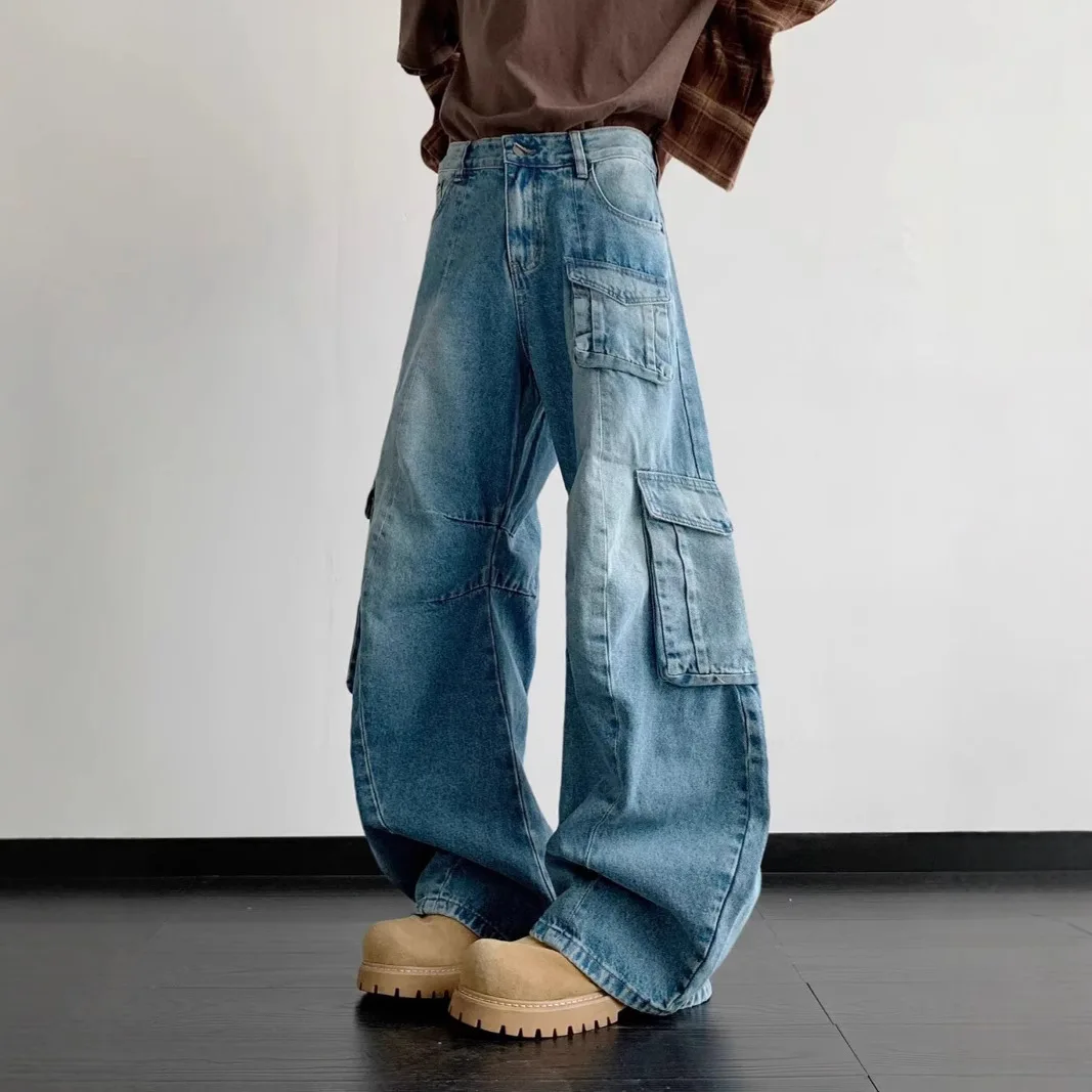 

American High Street New Fashion Men's Vintage Washed Blue Multi Pocekt Loose Casual Trendy Wide Leg Denim Trousers Male Jeans