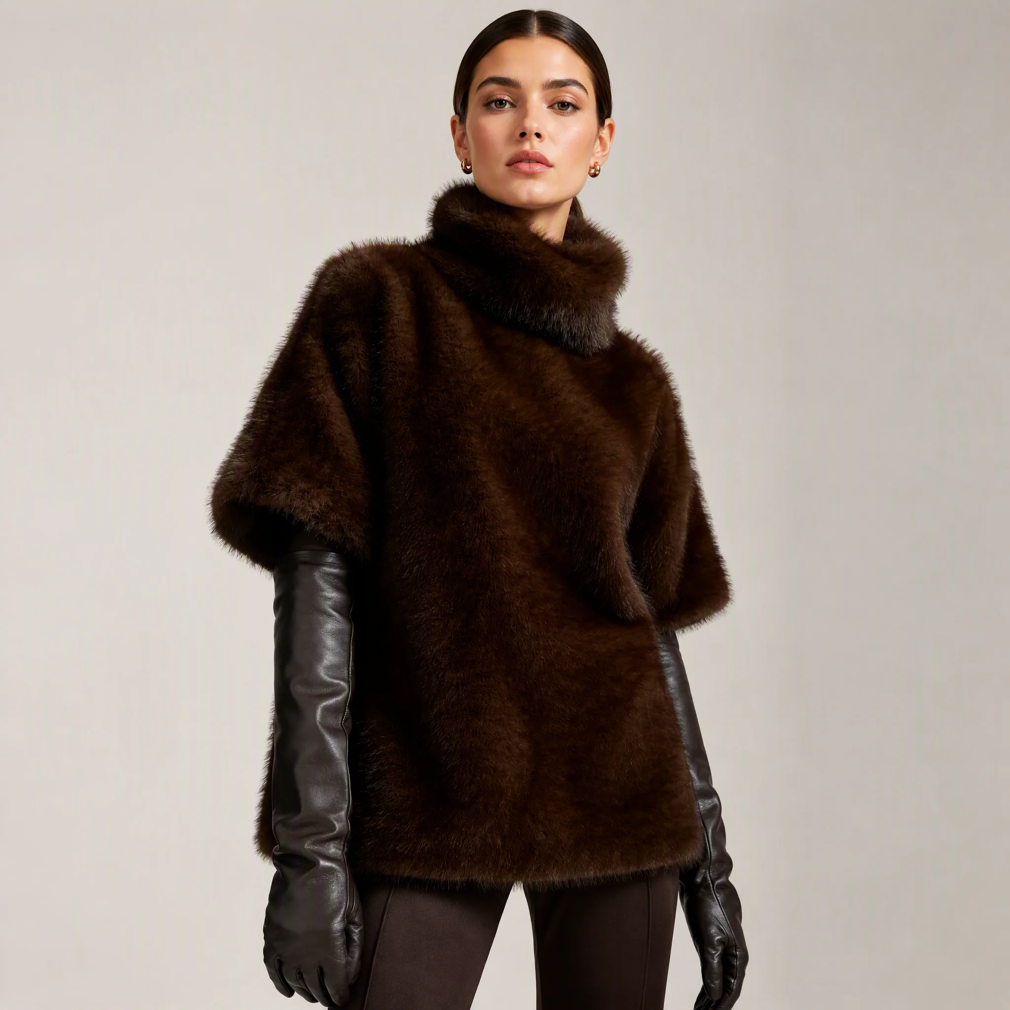 RU Women Faux Fur Top High Turtleneck Half Sleeve Plush Warm Cape Style Outerwear For Autumn Winter Elegant Daily Outfit