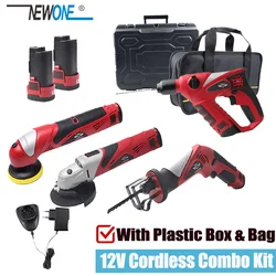 NEWONE Lithium-Ion 12V Power Tool Combo Kit 2.0Ah Battery Electric Hammer Drill/Polisher/AngleGrinder/Reciprocating Saw Cordless