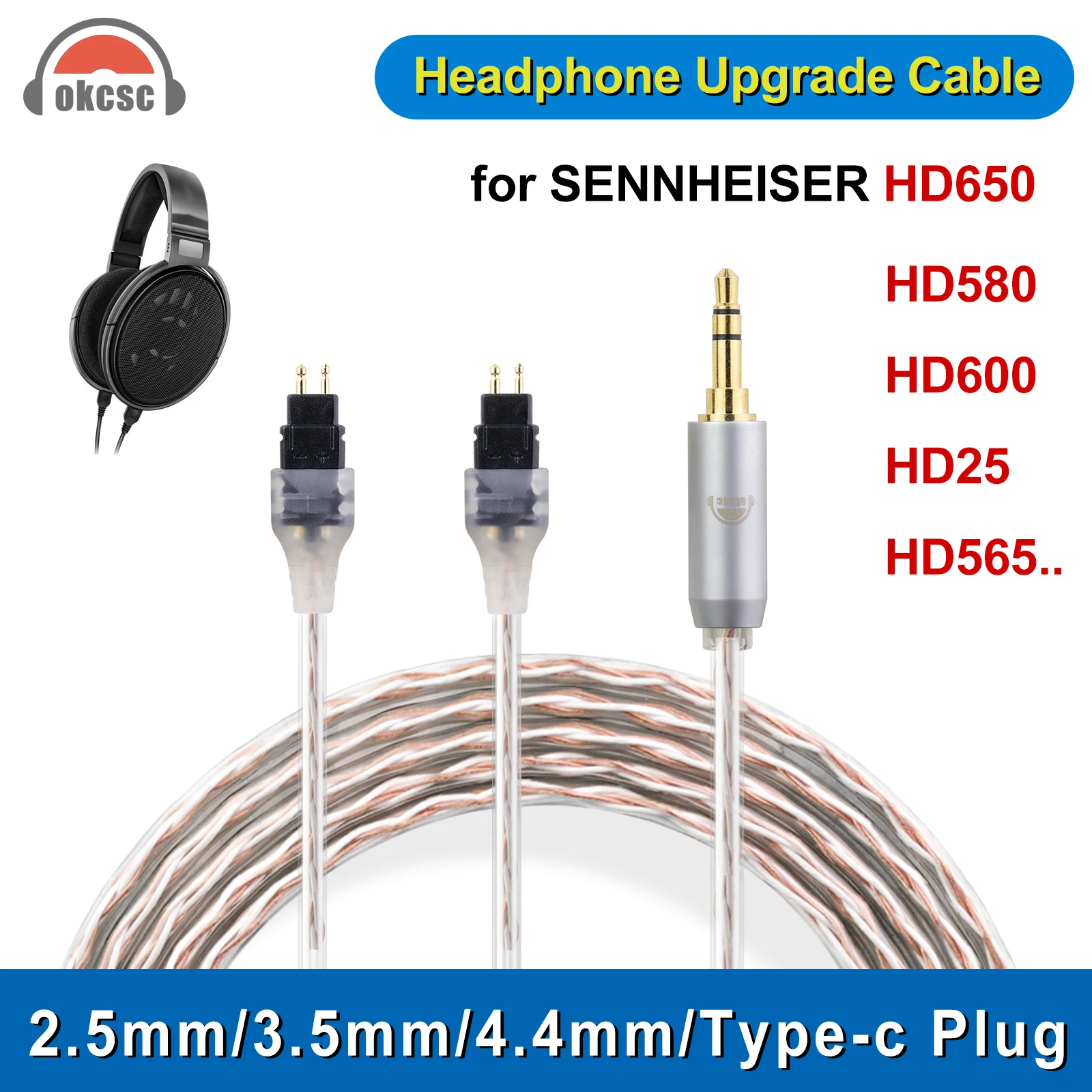 

OKCSC Replacement Cable for SENNHEISER HD580 HD600 HD650 HD25 HD660S HD565 4-Core Upgraded 2.5mm/3.5mm/4.4mm/Type-c Plug Cable