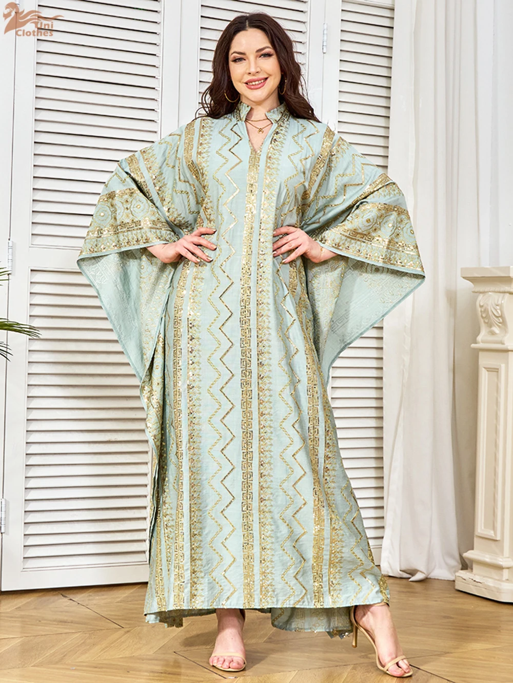Uni Dubai lentejuelas Patchwork Abaya lujo mujer vestido de noche musulmán elegante manga de murciélago Kaftan