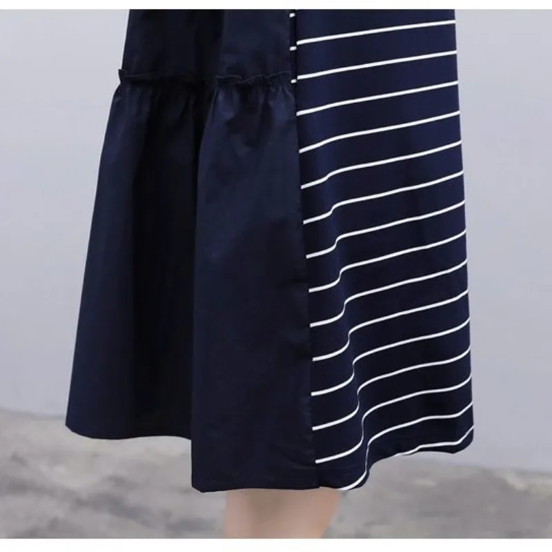 Women's Crew Neck Pullover Summer Striped Solid Patchwork Shirring Pleated Short Sleeve Casual Loose Elegant Office Lady Dress