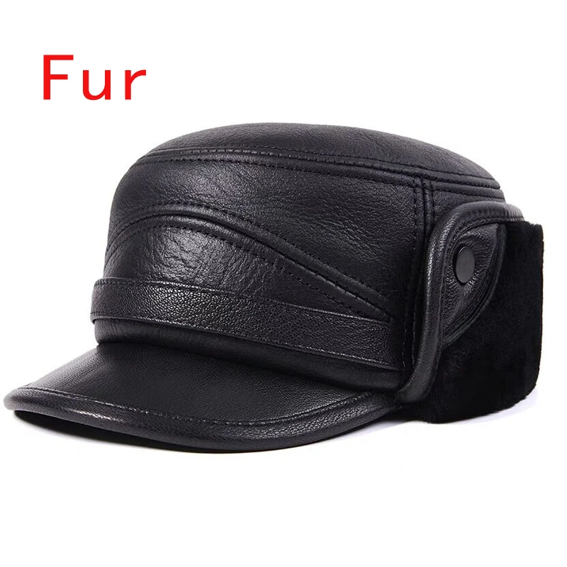 

2023 Winter Men's Hat Thicken Real Leather Fur Baseball Caps With Ears Warm Snapback Dad's Hats Bomber