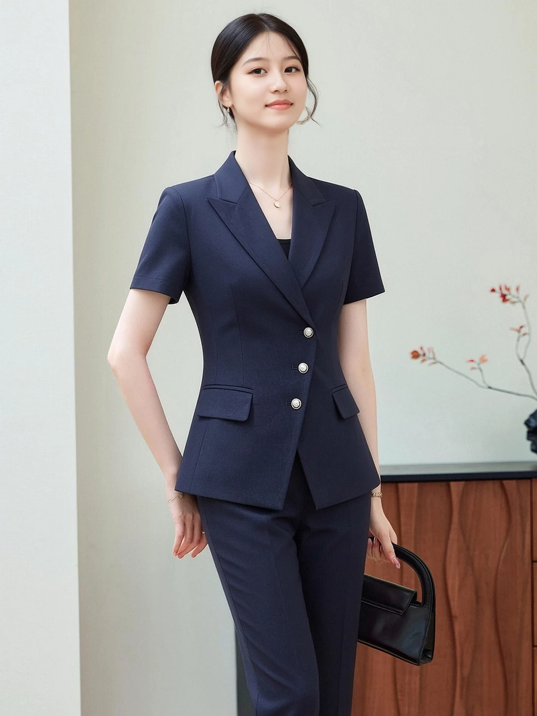 Blue Short Sleeve Professional Suit Set Women's Summer New High-End Formal Interview Workwear Polyester Commute Style Slim Fit