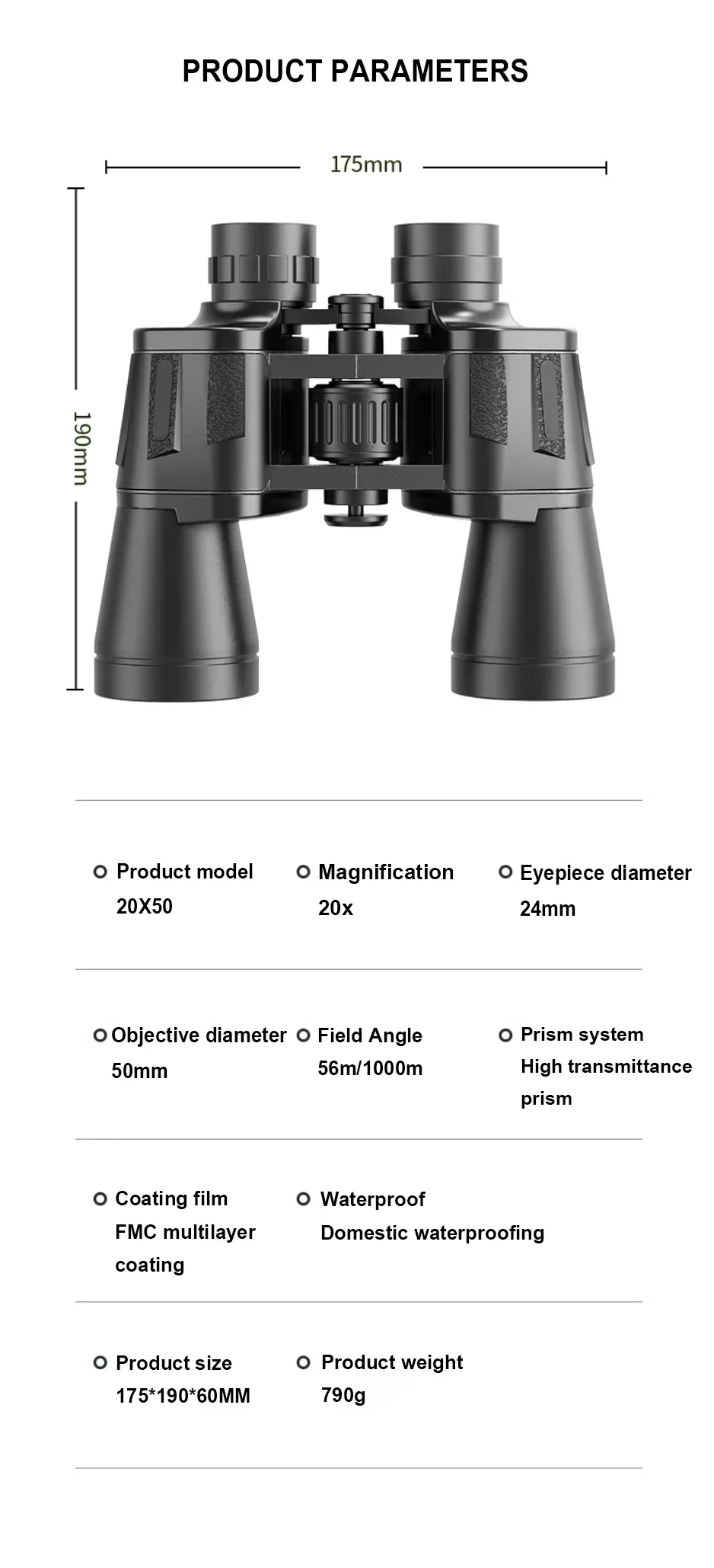 20×50 Stepless Speed Regulation, Binoculars, High-Definition Outdoor Use, Travel And Stargazing, Large Porro Prism Structure