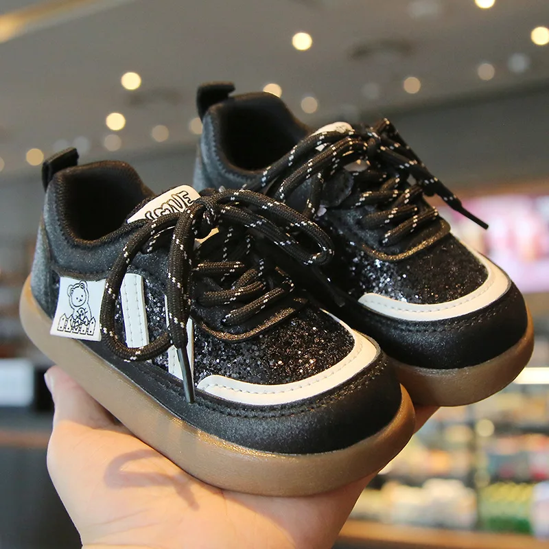 Fashion Girls' Shoes 2026 Spring New Sequin Kids Sports Shoes Comfort Anti Slip Boys' Shoes Simple Versatile Girls Casual Shoe