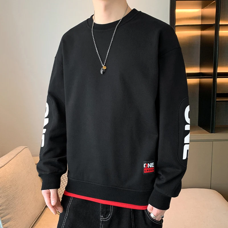 Atasan Pullover pria, warna Solid musim gugur dan musim dingin baru trendi kasual longgar leher bulat tambal sulam dicetak huruf lengan panjang Hoodie atasan