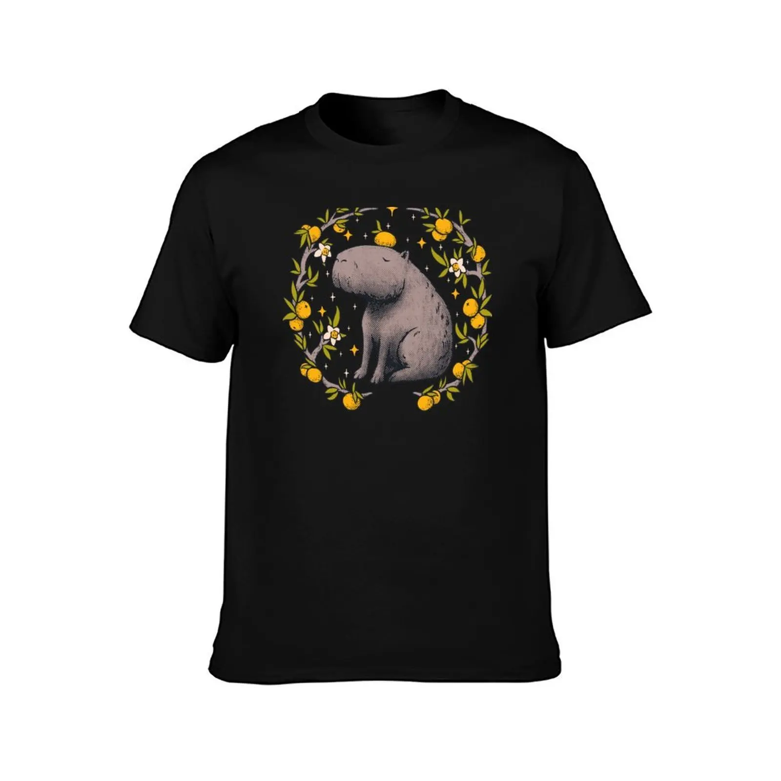 Capybara Cottagecore Aesthetic Chilling With Orange on Head | Goblincore Capy Yuzu Citrus Fruit Blossom Flowers Meditati T-Shirt