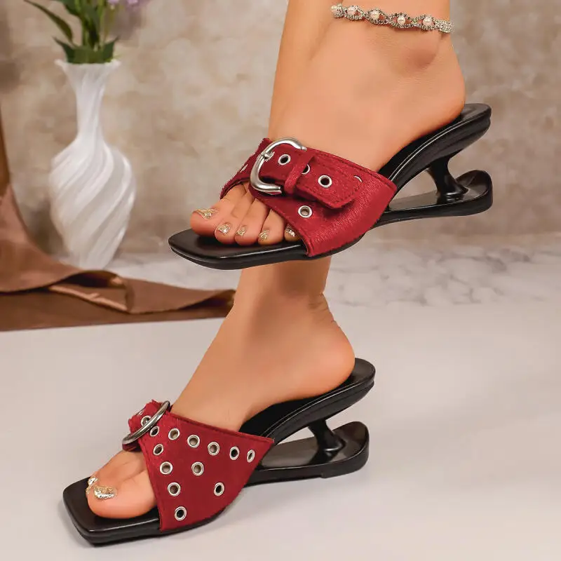Sexy Suede Leopard Strange High Heel Slippers Women Summer 2026 New Rock Metal Buckle Decoration Sandals Woman's Designer Shoes view 5