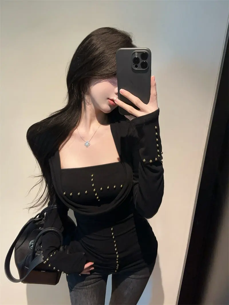 Bla Y2K Sweet Cool Sle Rivet Cross Long Sve Slim Fit Base irt Winter Spicy Girl Tweedelige set T-shirt voor dames