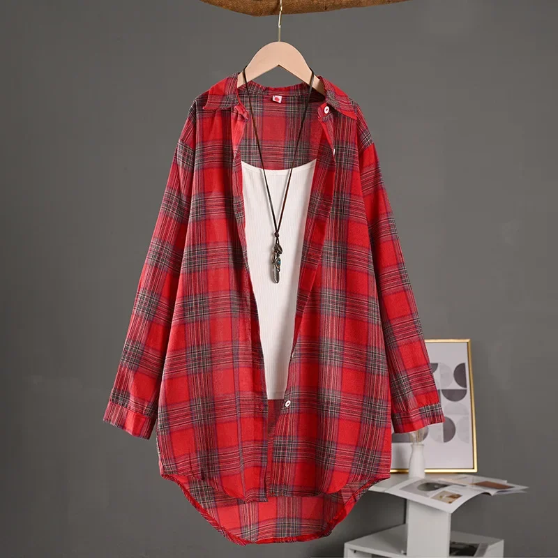 

Women's new cotton and linen plaid shirt women's thin sunscreen clothing loose outer lazy jacket long shirt