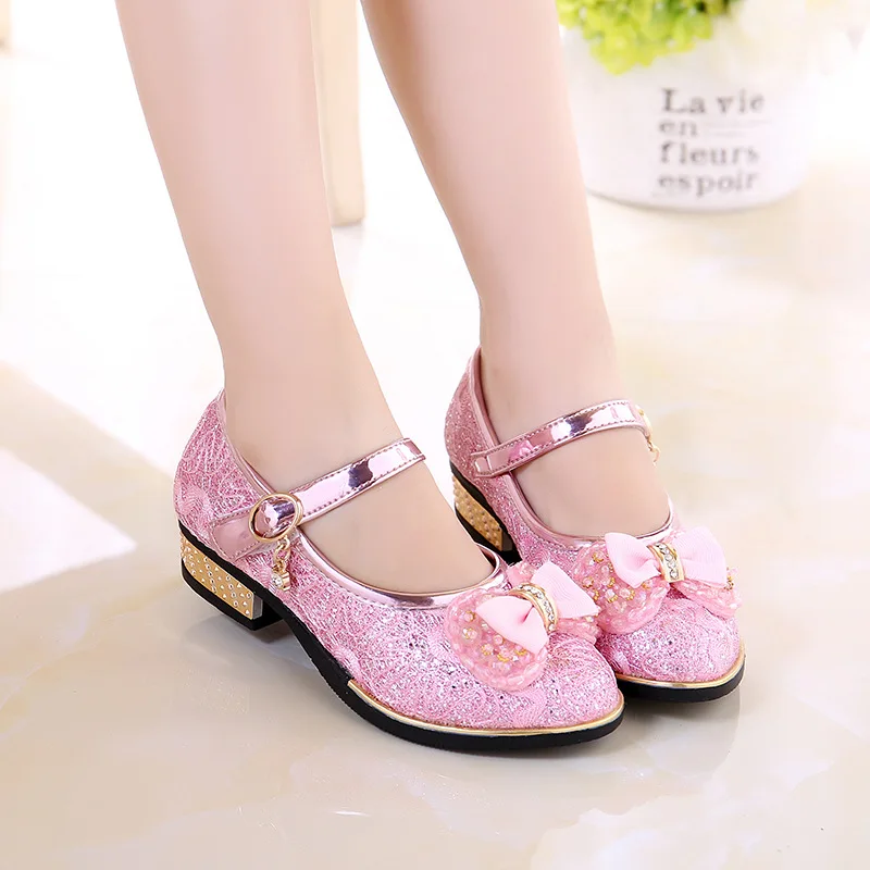 2023 Fashion Girls Princess Shoes Children Bow Single Shoes Girls Party Wedding Dance Shoes High Heel Sandals With Diamond