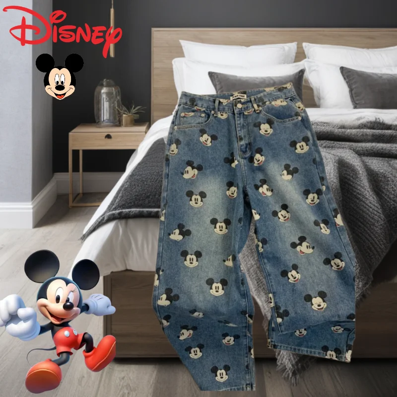 

Индивидуальные женские новые милые джинсы с мультяшным принтом Disney Mickey, модные и универсальные повседневные удобные джинсы с высокой талией