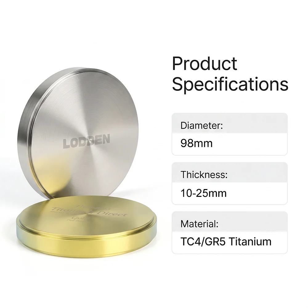 LODDEN GR2/GR5 Dental Titanium Disc Silver Golden Restoration CAD CAM Dental Milling Titanium Materials 98mm Implant Framework