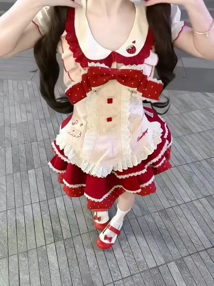 

Милый кружевной фартук для девочек, топ с кукольным воротником, галстуком-бабочкой и юбкой, комплект из футболки, летняя женская одежда Faion ort Sve