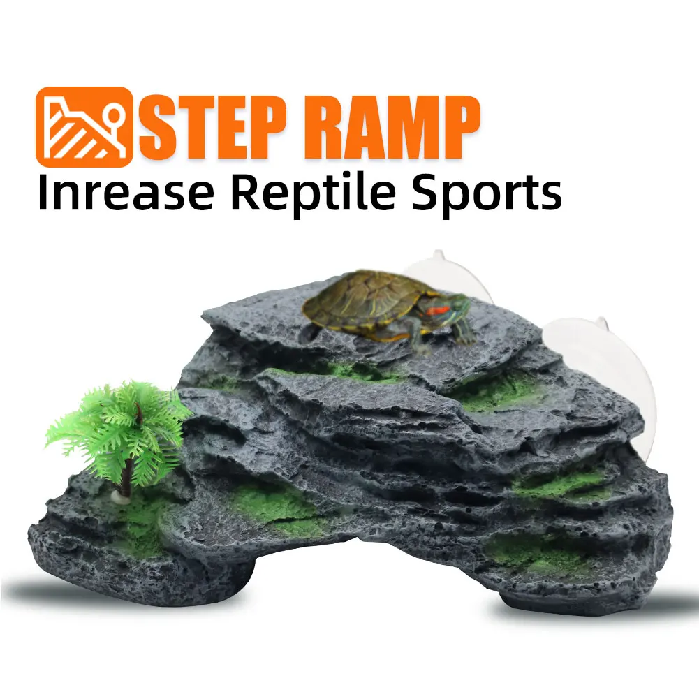 Turtle Basking Platform Terrace with Suction Cups Reptile Resin Aquarium Decor Fish Tank Decoration Rock with Plastic Plant