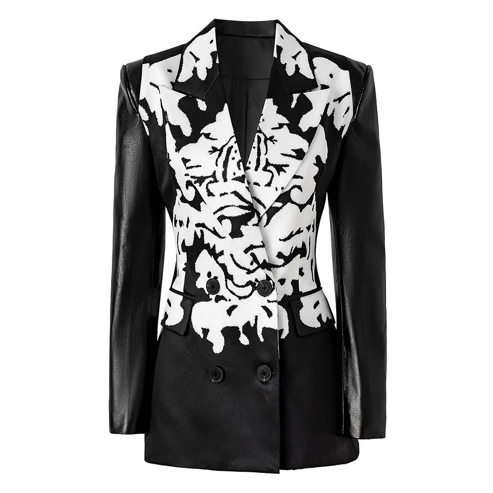 Spring New Design Pu Leather Sleeve Patchwork Print Slim Fit Waist Cinching Women Suit Jacket