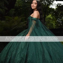 Angelsbridep Emerald Green Ball Gowns Quinceanera Dresses Sweetheart 2025 Glitter Tullw With Cape Pageant Dress Vestido XV Años