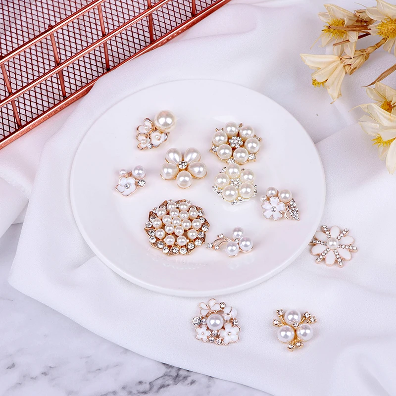 Pearl Rhinestone Embellishments Buttons Flatback Decorative For Handicraft Bowknot Flower Decoration DIY Craft Supplies 10pieces