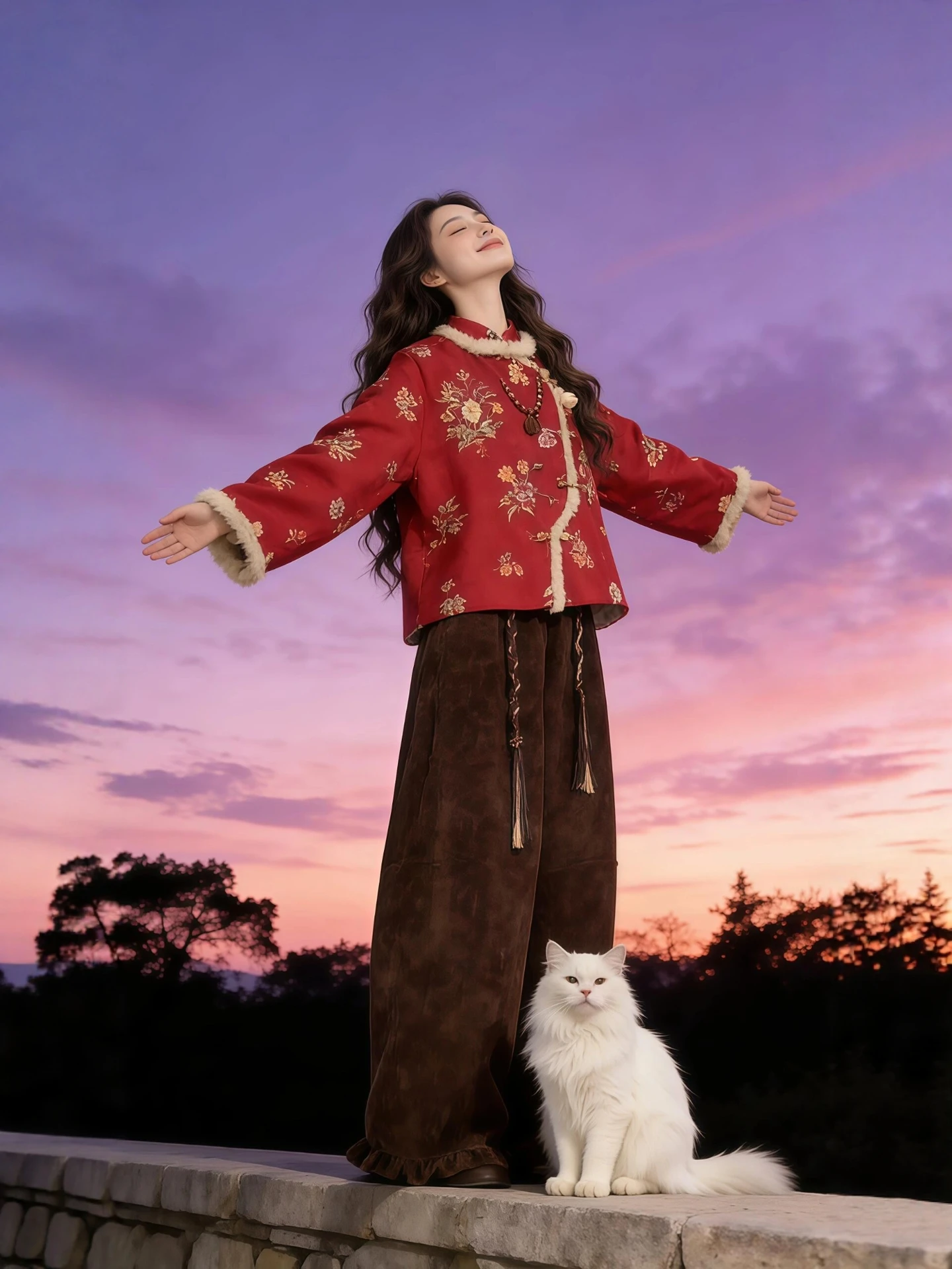 

Red Cotton Jaet And Wide Leg Pants Set plus Size Women's Retro Chinese Sle Winter Faion Outerwear High Waist Trousers