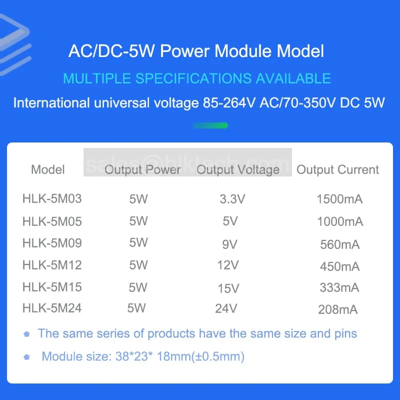 2pcs ACDC 5W HLK-5M03 HLK-5M05 HLK-5M09 HLK-5M12 HLK-5M15 HLK-5M24 220V to 5V/3.3V/9V/12V/24V Mini Power Supply Module Step Down