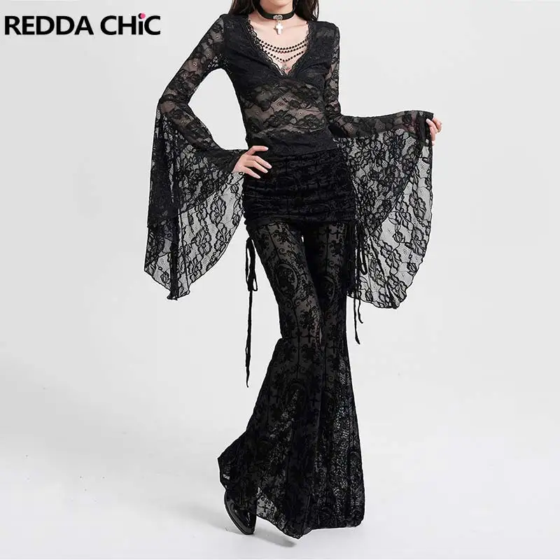 REDDACHiC Dark Academia Bell Sleeve Top Pants Women Matching Set Goth Plunge Top Shirring Flared Pants Witch Alternative Clothes