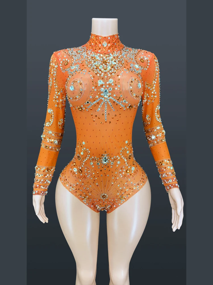 Leotardo transparente de malla de manga larga con diamantes de imitación brillantes, traje de baile Sexy, ropa de escenario de actuación para fiesta