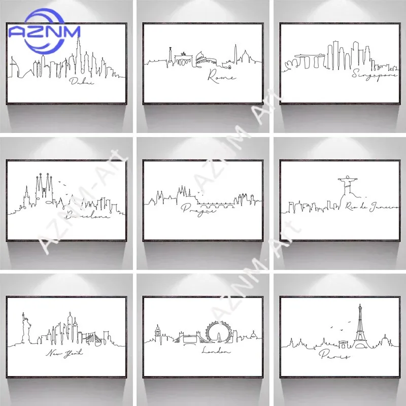 Weltstadt-Linienzeichnungen Poster: London, New York, Paris - Nordische Kunstdrucke in Schwarz-Weiß auf Leinwand - Minimalistische Bilder zur Heimdekoration