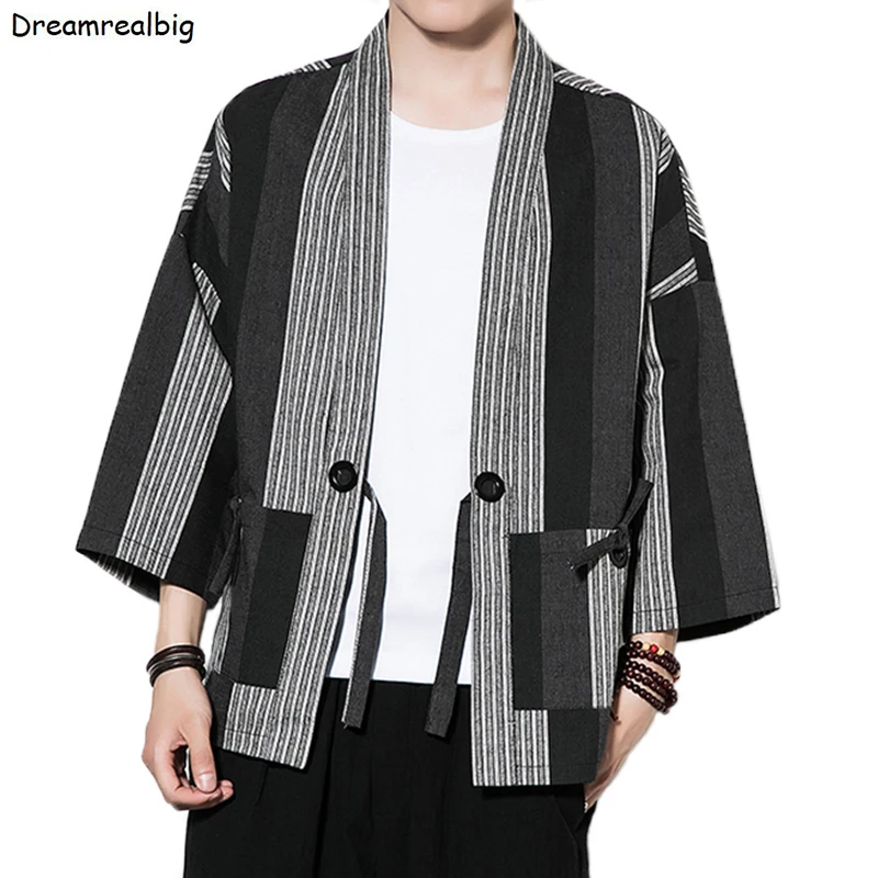 

Vertical Stripe Men Kimono Shirt Three Quarter Sleeve 2023 Spring Summer Japan Style Cotton & Linen Mens Casual Loose Shirts